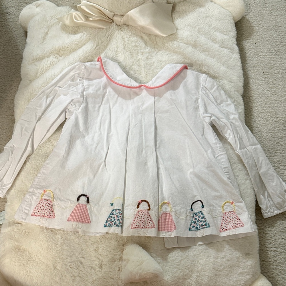 White Kids Blouse with Pink Trim and Dress Embroidery